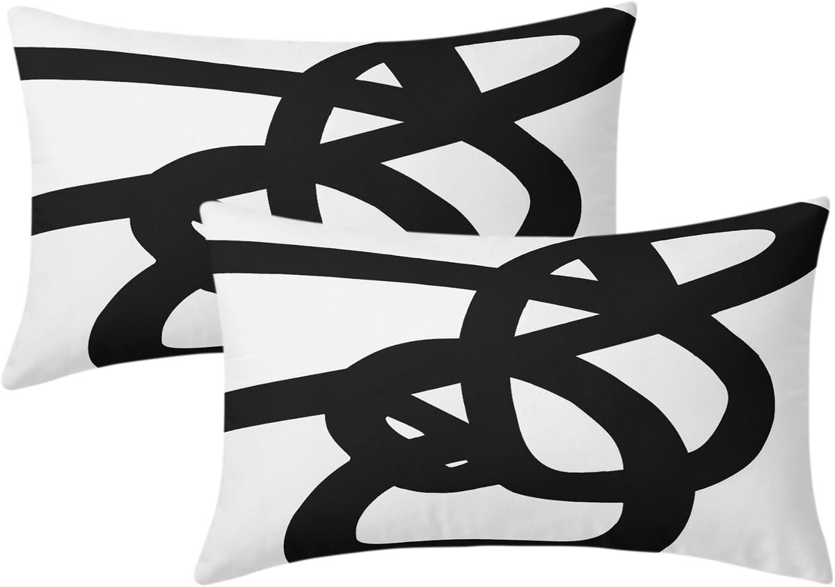 Black and White Lumbar Pillow Covers 12X20 Inch Modern Abstract Graffiti Art Line Decorative Pillow Cases with Zipper Set of 2 Boho Home Decor for Sofa Couch Living Room Bedroom