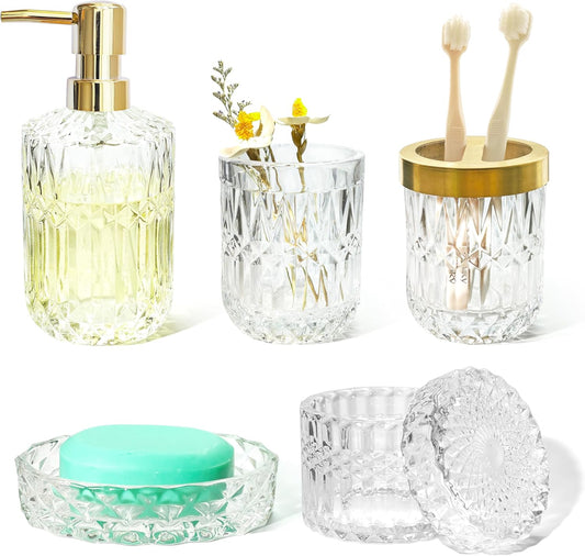 Glass Bathroom Accessories Set, 5Pcs Crystal Clear Bathroom Accessories, Vintage Bathroom Decor