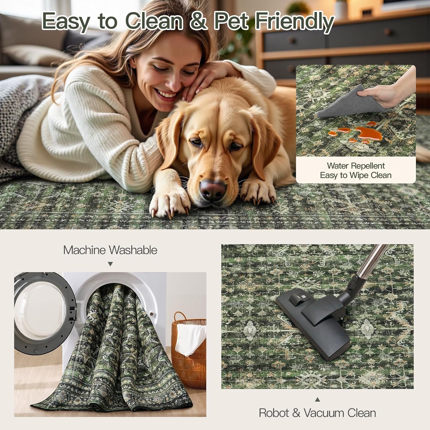 Green 8X10 Area Rug, Washable Non-Slip Large Carpet
