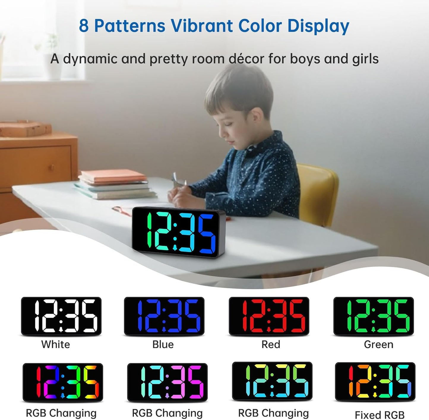 Small Digital Alarm Clocks for Bedrooms - RGB Electric Alarm Clock for Kids Bedside Nightstand, Desk Clock with Large Numbers, Dimmer, Adjustable Alarm Volume, USB Port, USB-C Adapter Powered