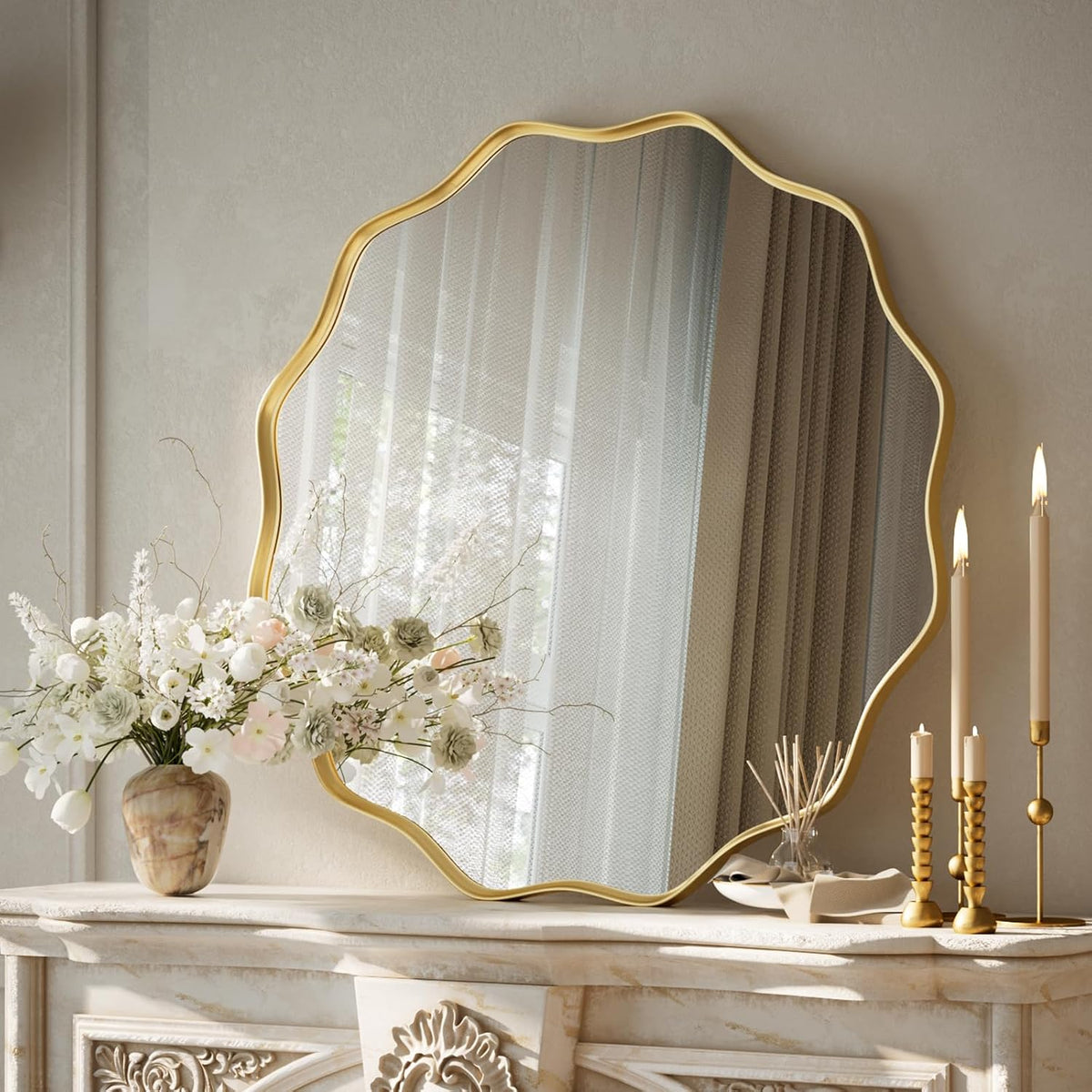 Gold Scalloped Circle Mirror, 24" Wavy Edge round Wall Mirror