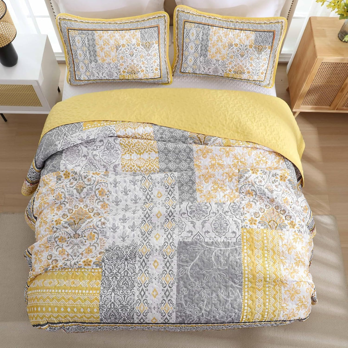 Boho Quilt Set Twin, 3 Pcs Yellow Patchwork Bedspread Set