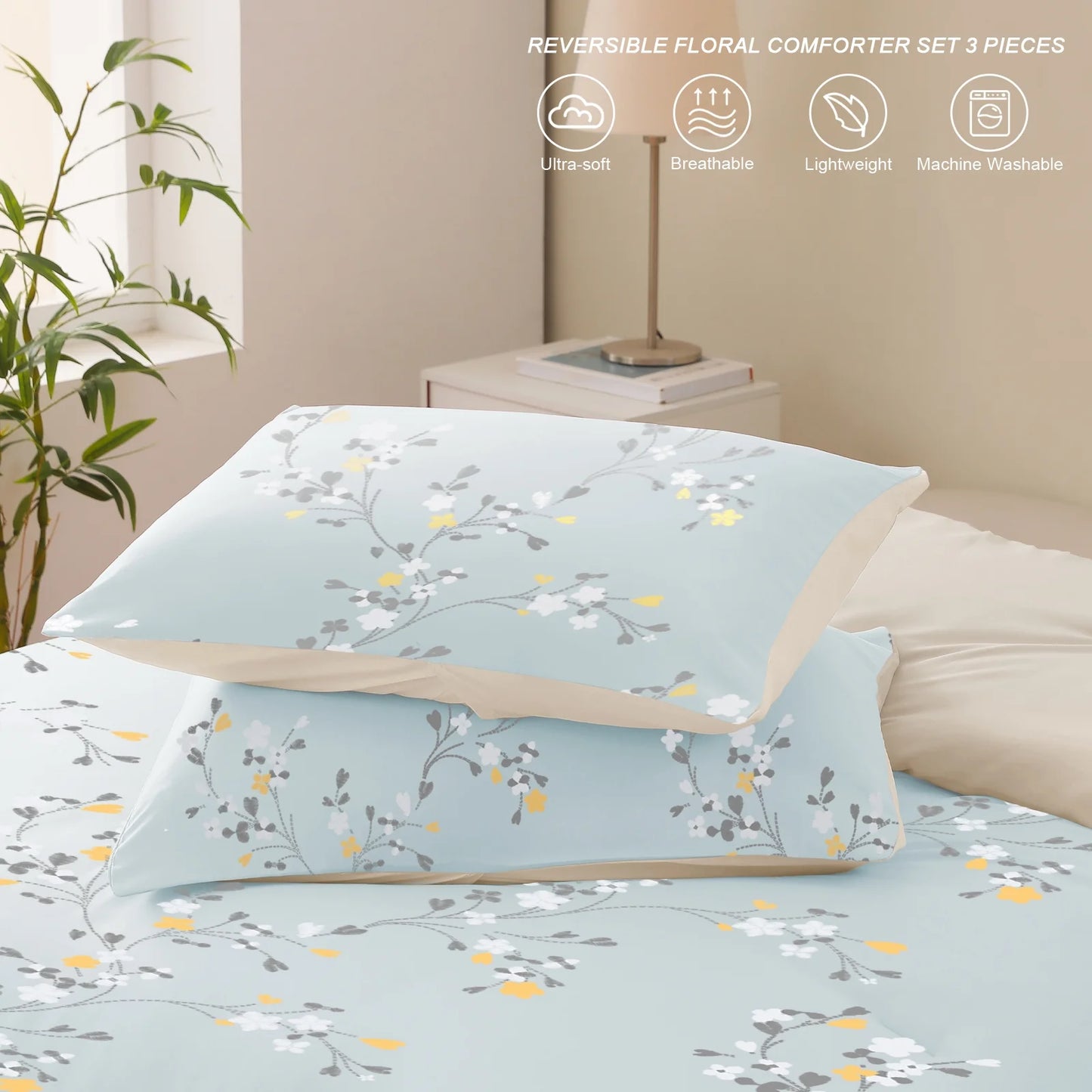 3-Piece Floral Queen Comforter Set, Microfiber Bedding down Alternative Comforter for All Seasons with 2 Pillow Shams, Light Blue