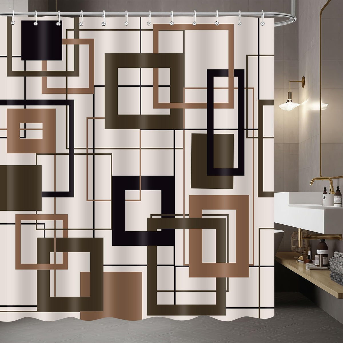 Brown Geometric Shower Curtain Mid Century Modern Abstract Dark Brown and Black Checkered Bathroom Curtain Decor 72X72Inch