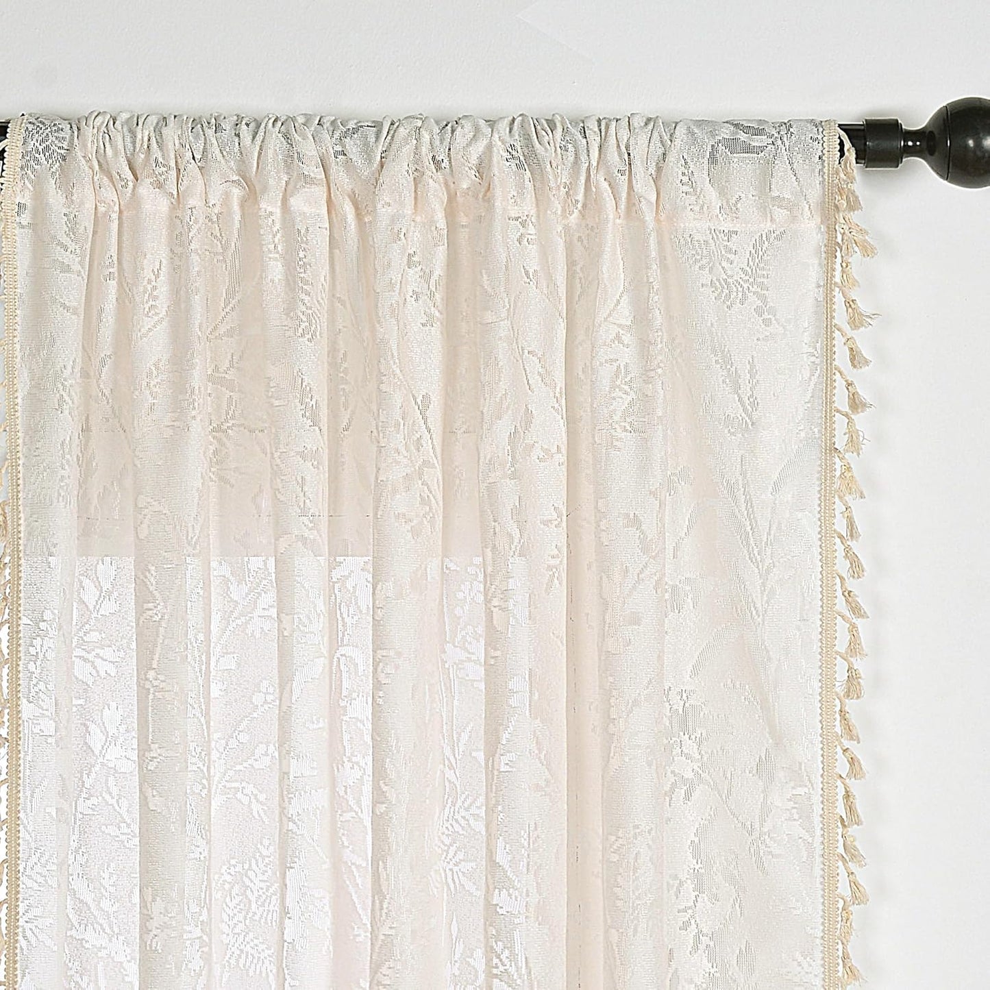 Boho Lace Curtains 84 Inch Length 2 Panels Beige Sheer Floral Leaf with Tassels, Semi Blackout Privacy Curtains 52"X84"