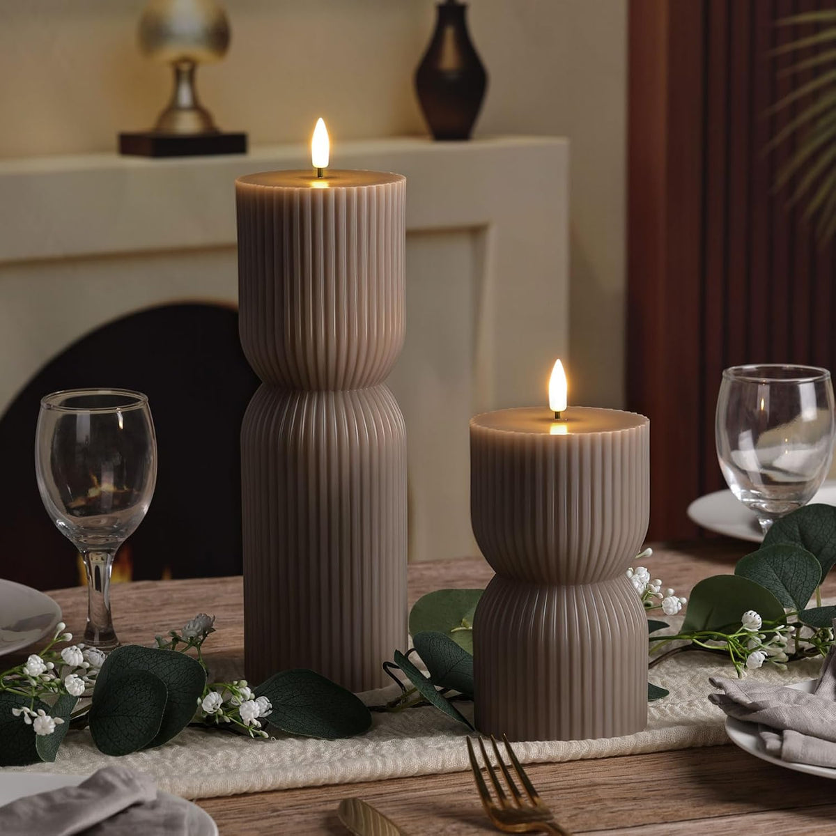 Taupe Ribbed Flameless Pillar Candles with Remote Set of 2