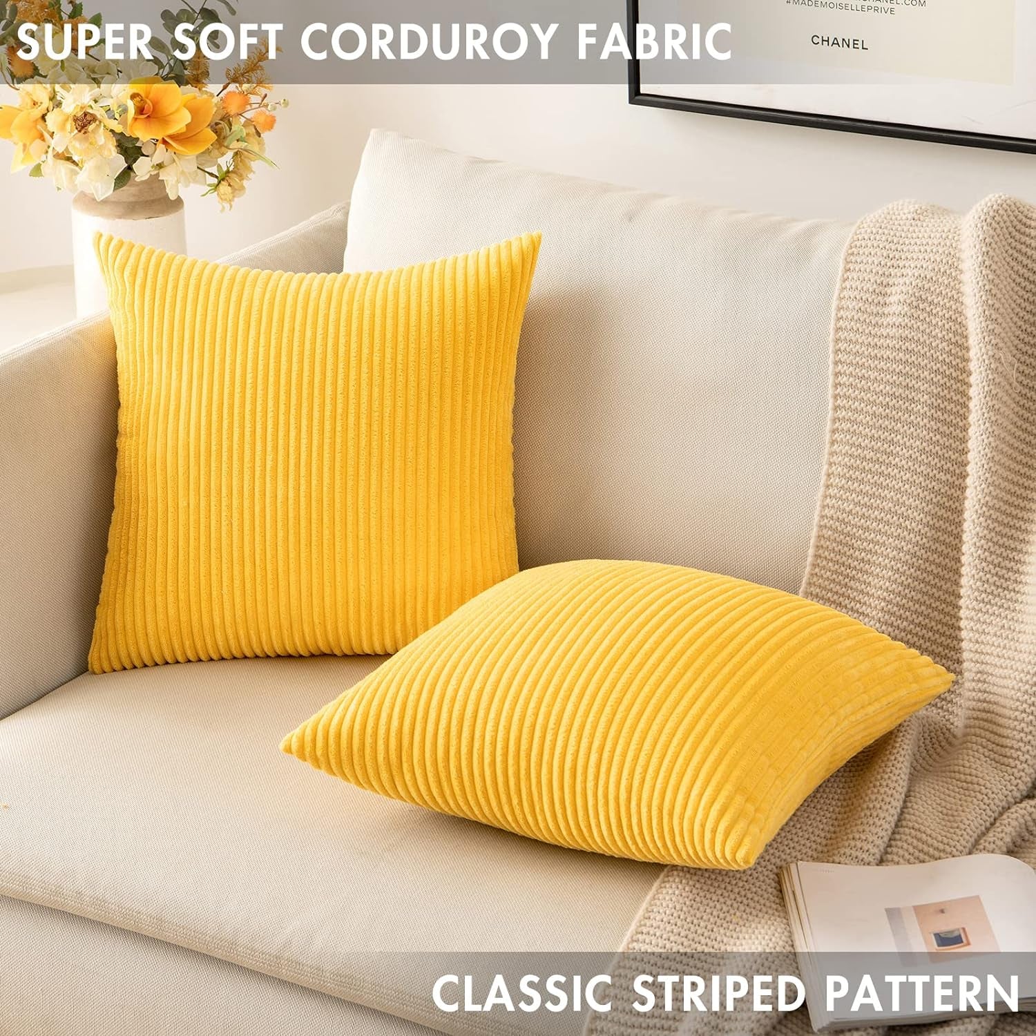 Pack of 2 Golden Yellow Pillow Covers 18X18 Inch Soft Decorative Throw Pillow Covers Corduroy Pillowcases for Spring Sofa Bedroom Couch