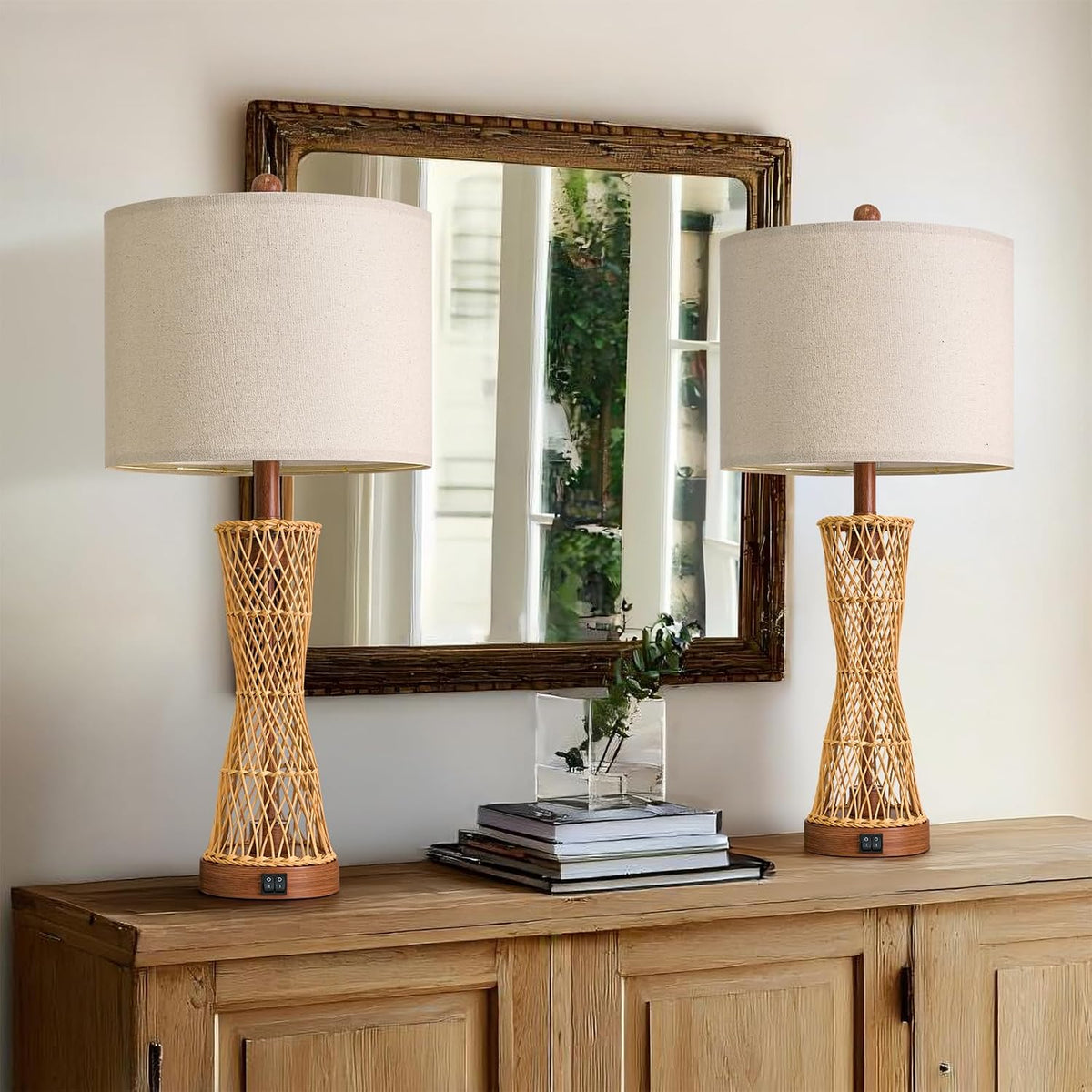 27" Table Lamps Set of 2 with Rattan & Dual Lights, Boho Lamps for Nightstands, Bedside Lamps for Bedroom, Nightstand Lamp for Living Room, Farmhouse Table Lamp for Office & Study