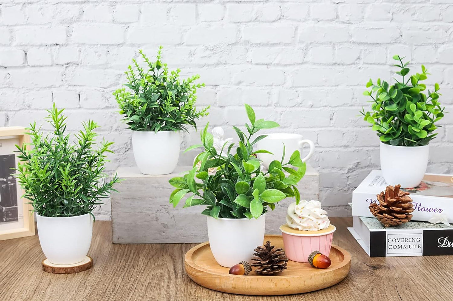 4 Pack Faux Plants Indoor Small Fake Plants, Fluffy Pretty Look for Shelves (No Soil or Pollen)