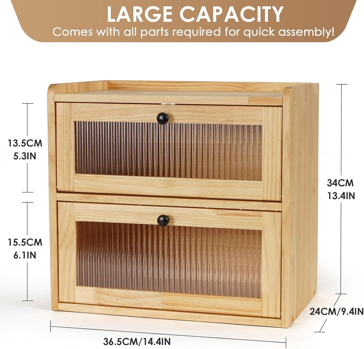 Large 2 Layer Bread Box for Kitchen Countertop, Wooden Bread Storage Container Bin (Wood Color）
