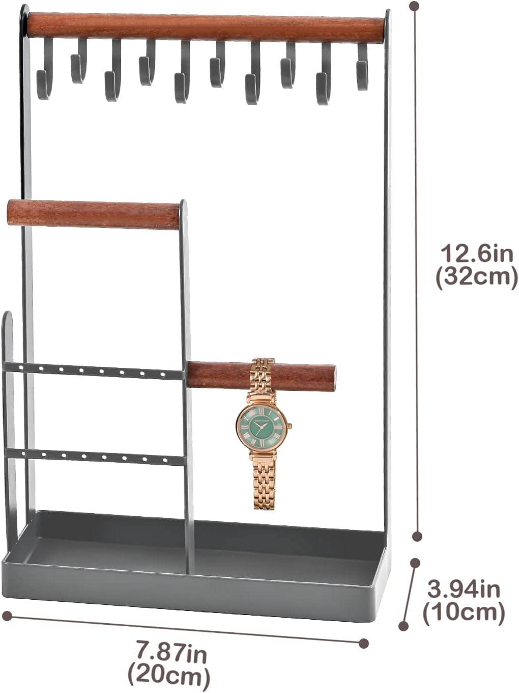 Jewelry Stand Holder Organizer, 4-Tier Necklace Holder with Ring Tray, -Medium, Grey