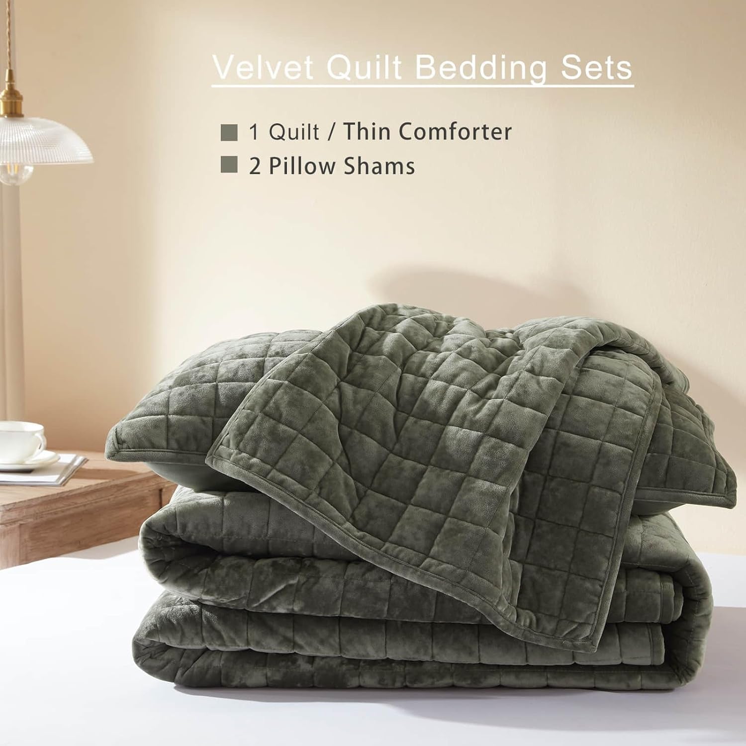  Olive Green Velvet Comforter Set, Quilt Full/Queen Size-90''X98''