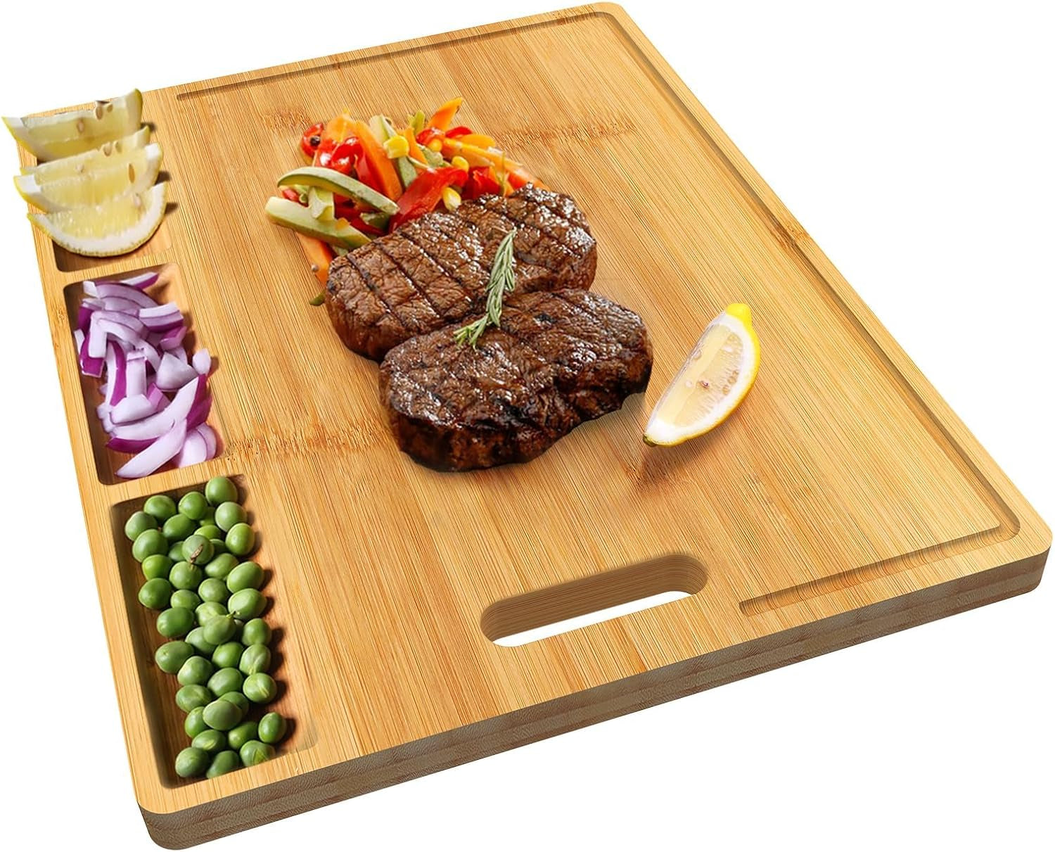 Cutting Boards, Large Bamboo Chopping Board, Built-In 3 Compartments and Juice Grooves(17 X 12.6")