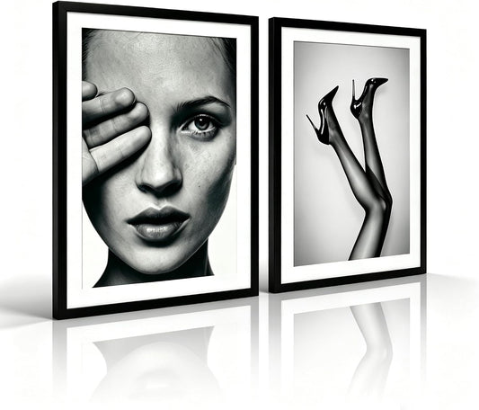 Set of 2 Framed Fashion Wall Art Canvas Prints Black and White 12X16 Inch