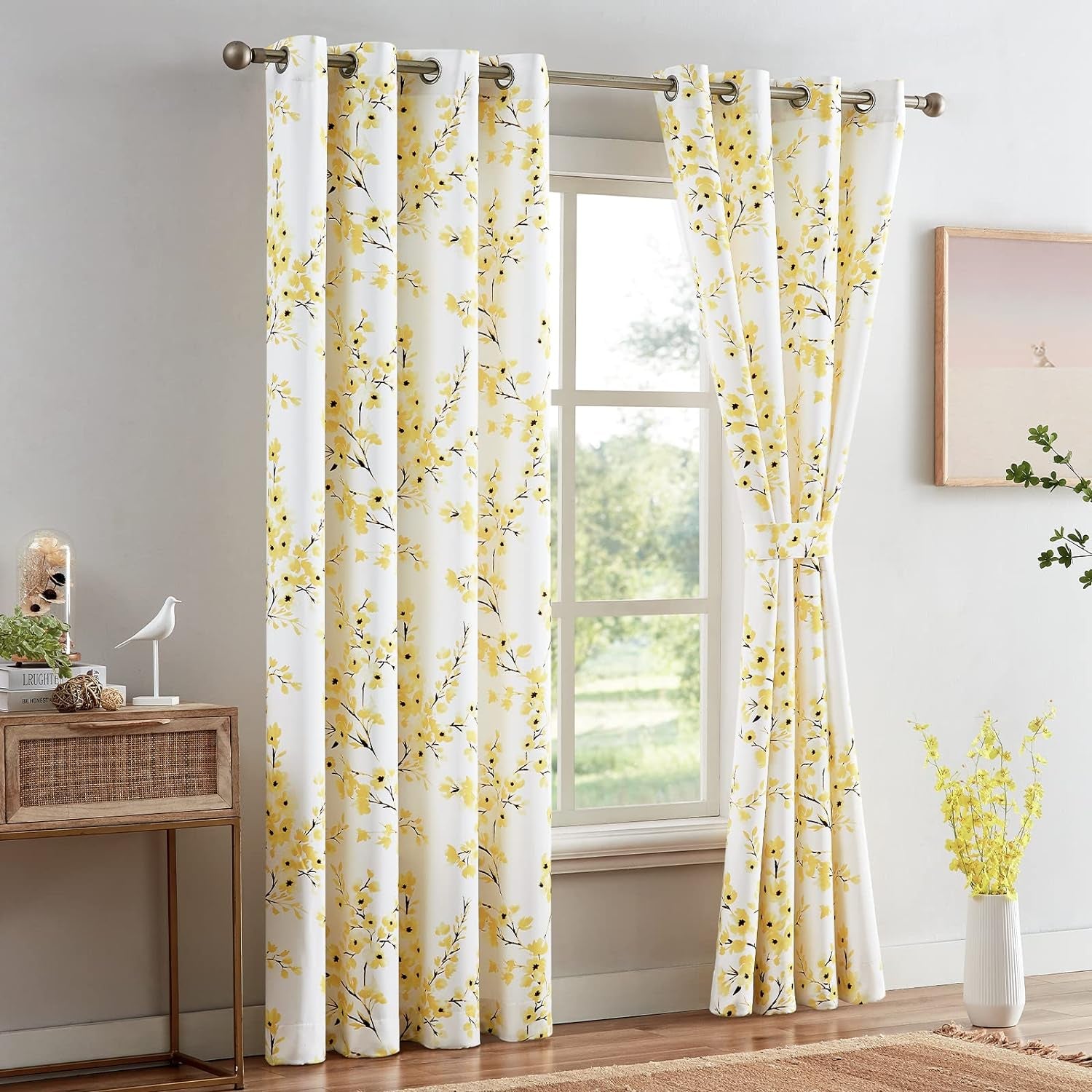 Floral Curtains, Farmhouse Yellow Apricot Flower Print , 52X84 Inch, 2 Panels