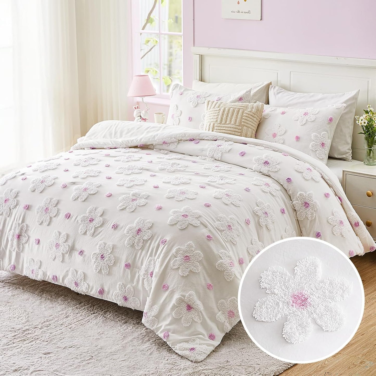 Twin Comforter Set for Girls 2 Pieces Tufted Daisies Flowers. Purple Floral Bedding, Lightweight