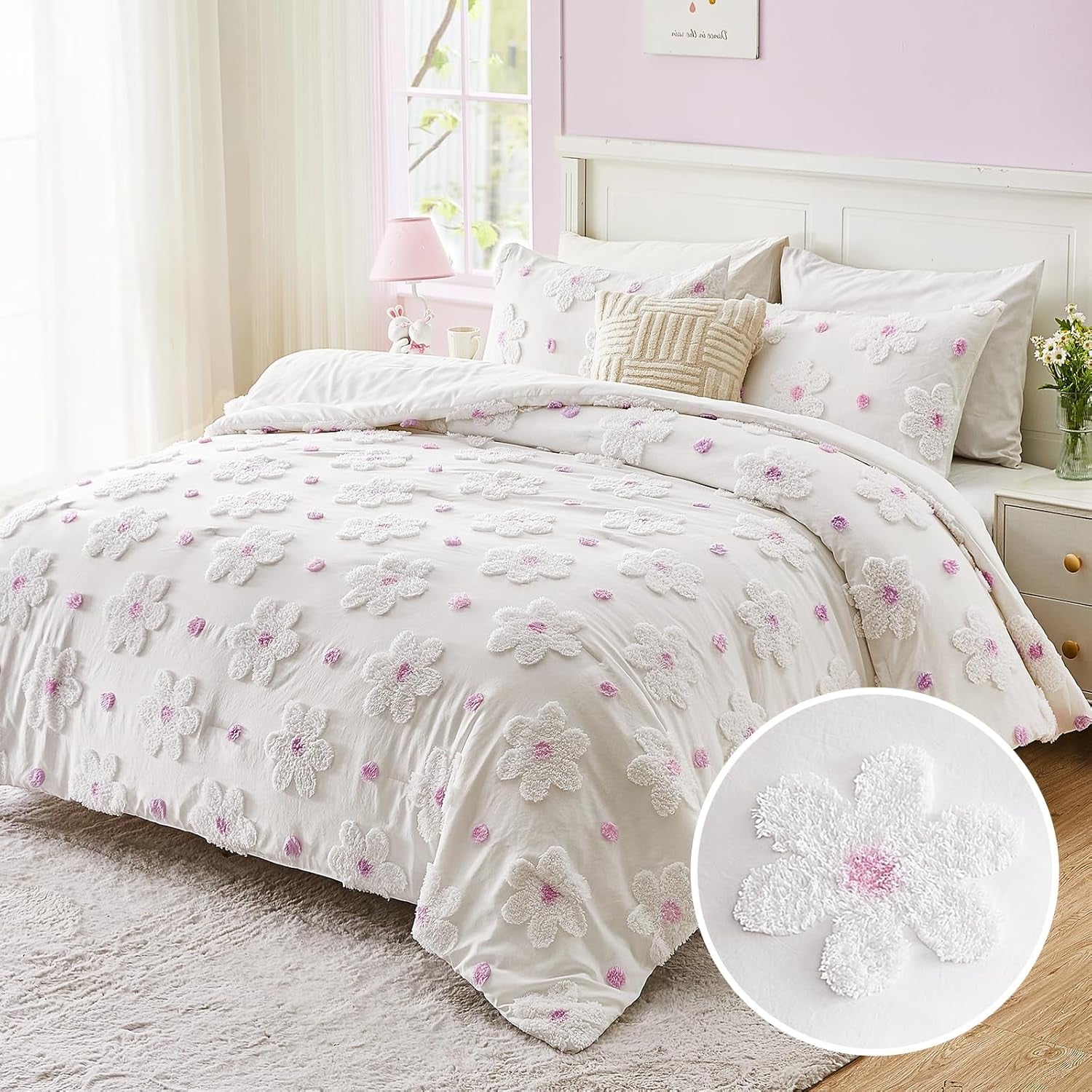 Twin Comforter Set for Girls 2 Pieces Tufted Daisies Flowers. Purple Floral Bedding, Lightweight