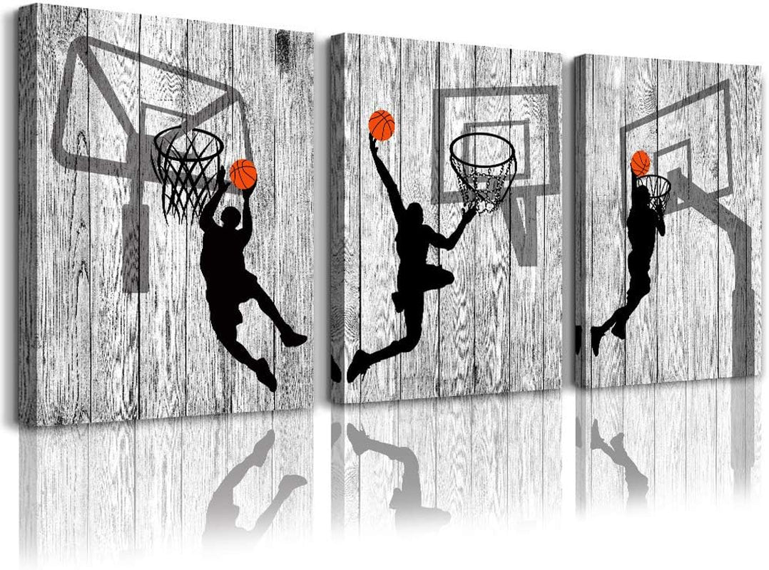 Black and White Canvas Wall Art for Bedroom, Basketball Sport Painting 12" X 16"3 Piece Modern Framed