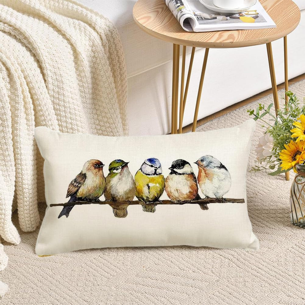 Watercolor Birds Pillows Decorative Throw Pillows 12X20, Hand-Painted Oil Painting