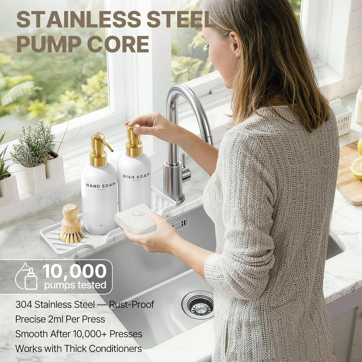 Kitchen Soap Dispenser with Self Draining Silicone Tray, Brush Sponge, Gold