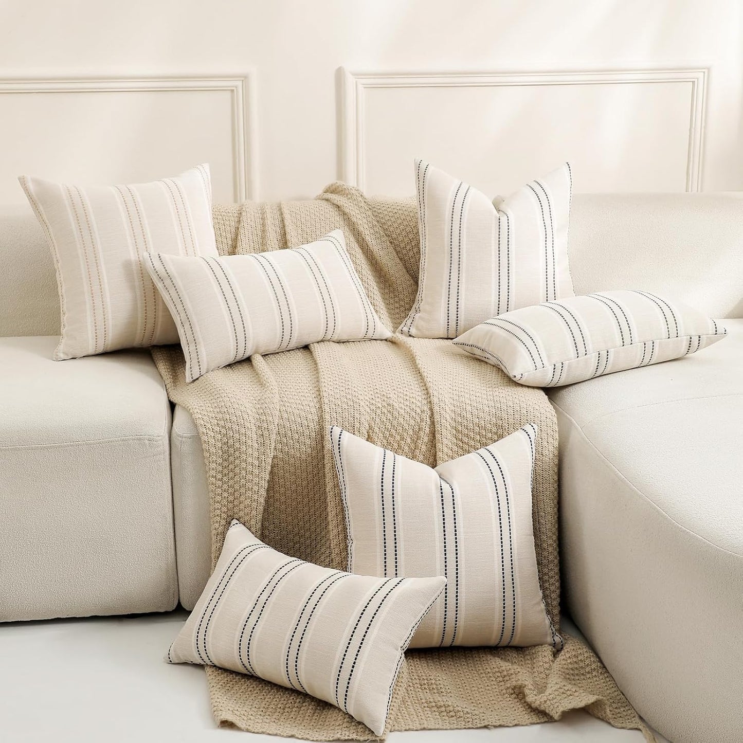 Hand Made Throw Pillow Covers 12X20 Set of 2 Striped Pillow Covers Textured Linen, Grey