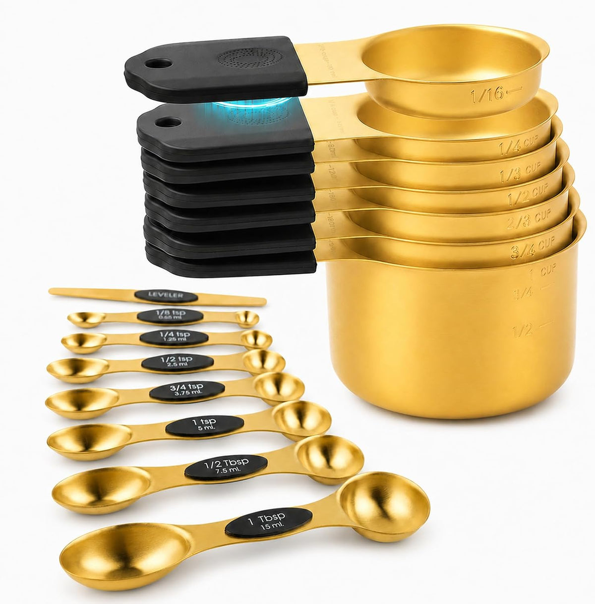 15-Piece Gold Magnetic Measuring Cups and Spoons with Leveler, Dual Scale
