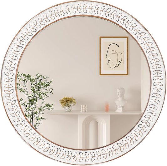 26 Inch round Mirrors for Wall, Wood Circle Mirror with Carved Frame - White