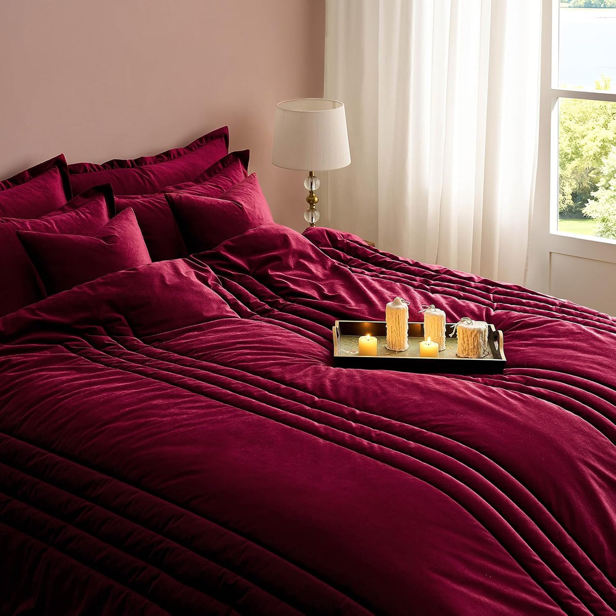 Luxury Burgundy Velvet Queen Size Bed Comforter Set 3 Pieces