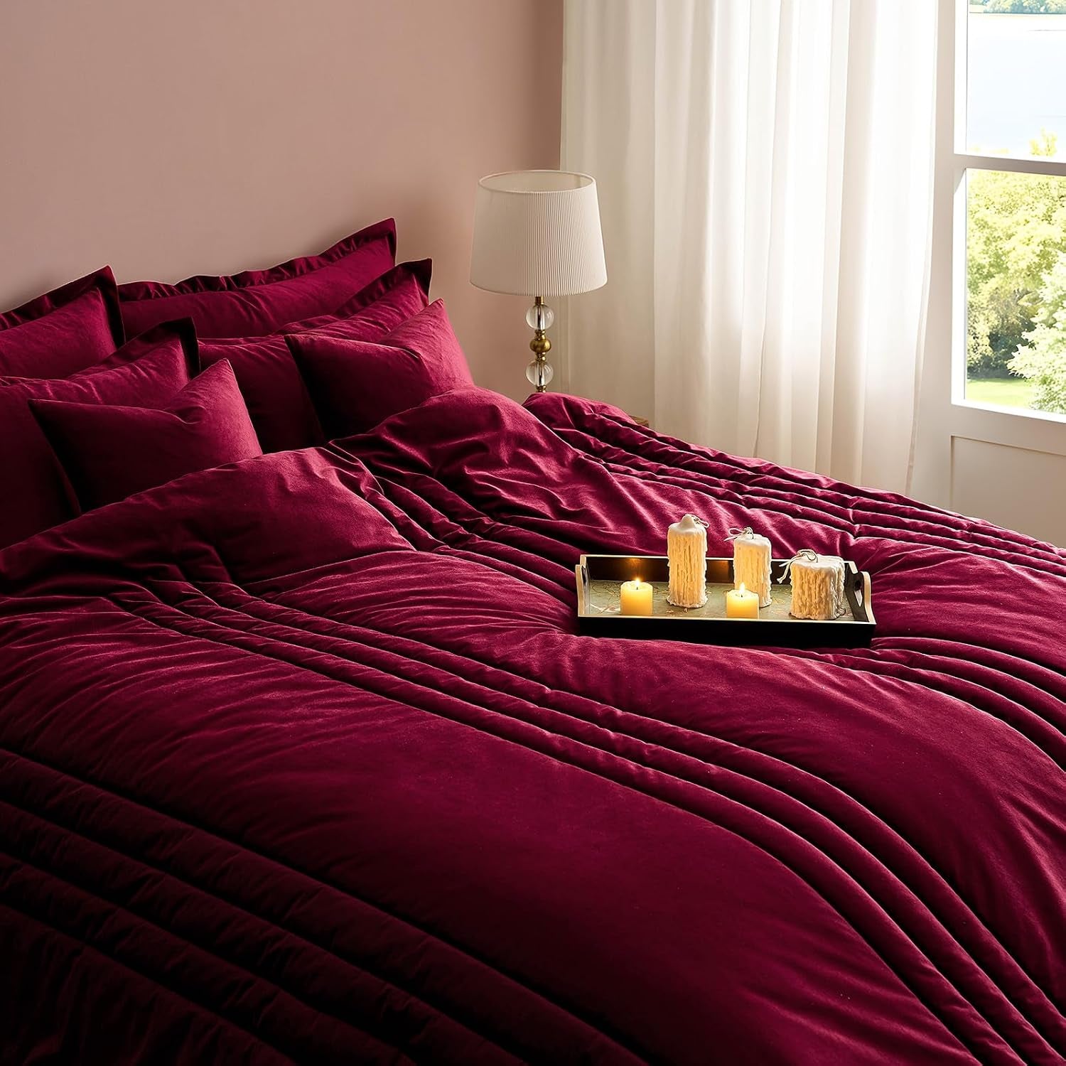 Luxury Burgundy Velvet Queen Size Bed Comforter Set 3 Pieces