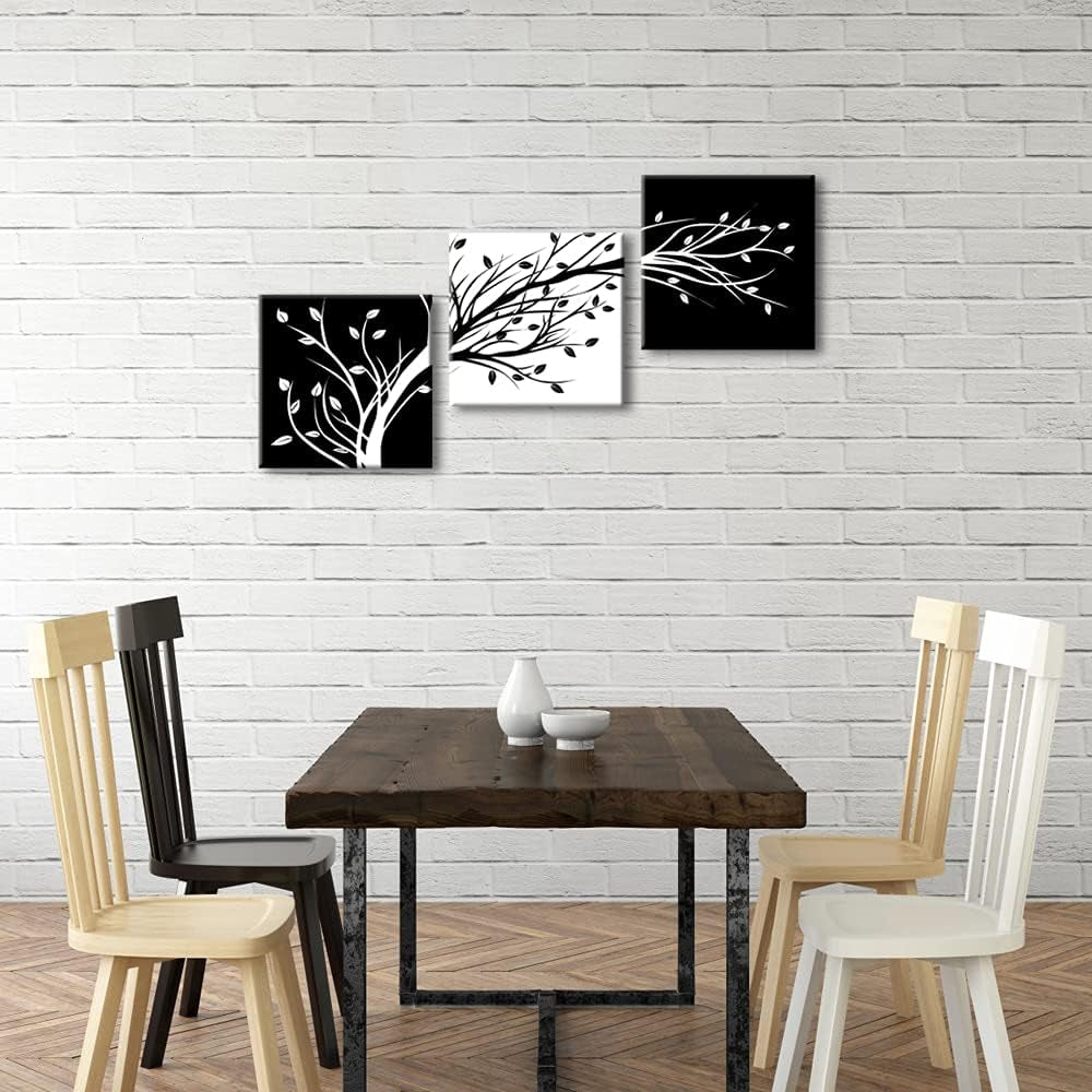 Leaves Modern 3 Panels Flowers Artwork Giclee Canvas Prints Black and White Abstract Floral Trees Pictures Paintings on Canvas Wall Art for Living Room Bedroom Home Decorations