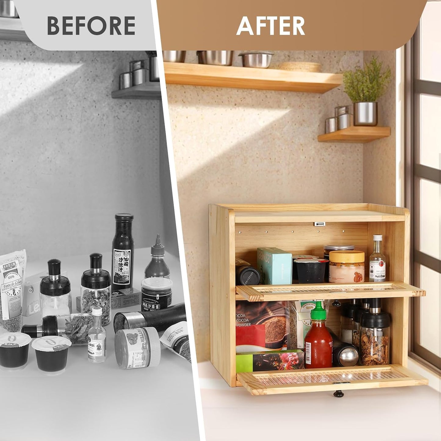 Large 2 Layer Bread Box for Kitchen Countertop, Wooden Bread Storage Container Bin (Wood Color）