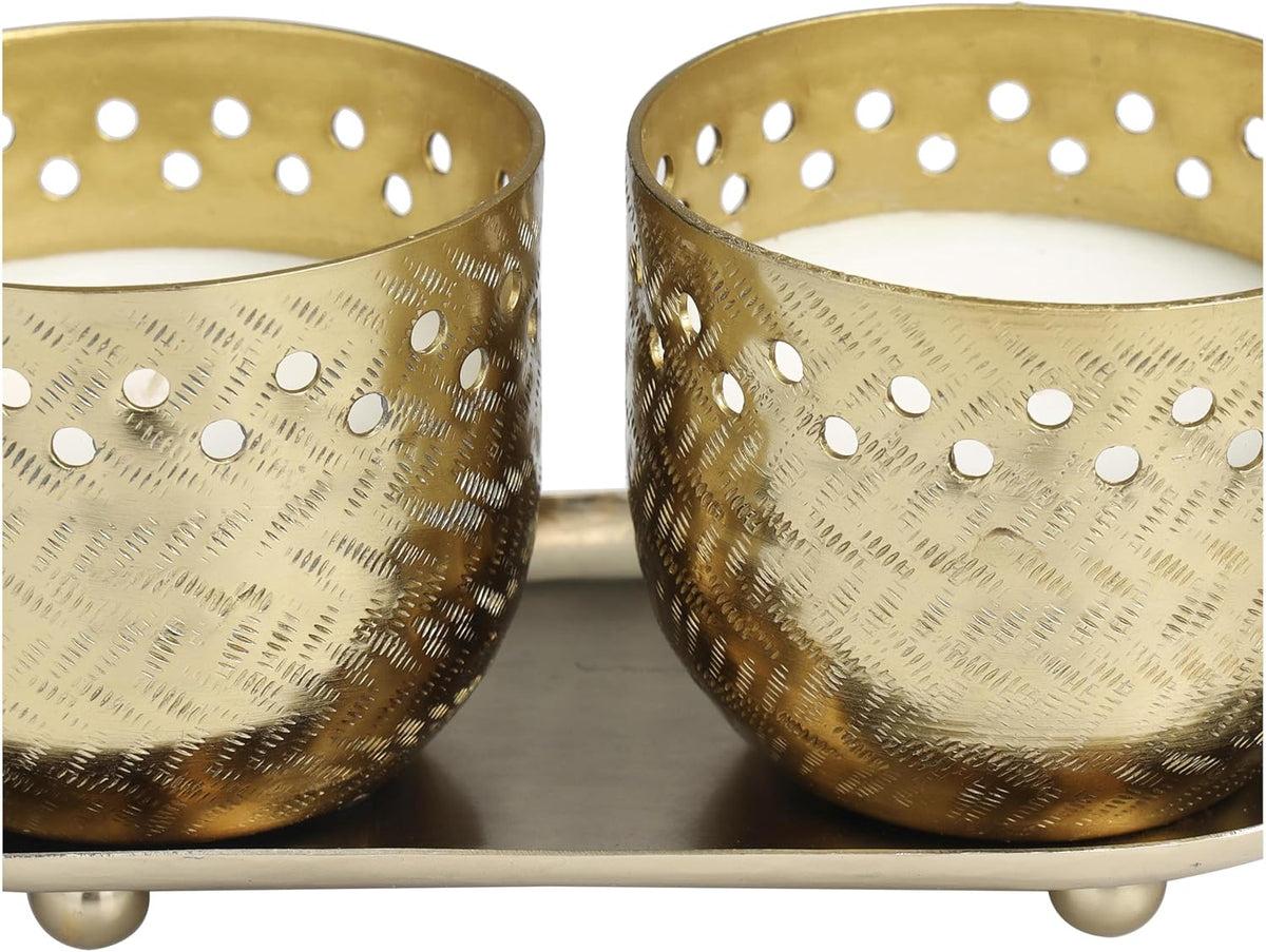 Deco 79 Metal Candle Egyptian Mint Scented Cutout Spotted 7 Oz 1 Wick with White Wax, Set of 2 8" W, 4" H, Gold