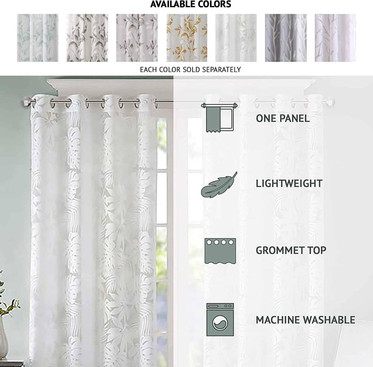 Cecily Semi Sheer SINGLE Panel Window Curtain Burnout Botanical Print, "50X84", Leaves Aqua