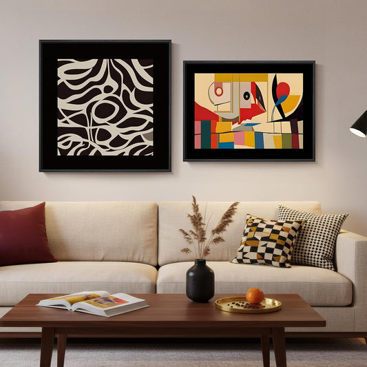 Framed Black Colorful Abstract Wall Art for Living Room, Set of 2 Mid Century Modern Geometric Line Artwork for Walls, 24X24 & 24X18 In