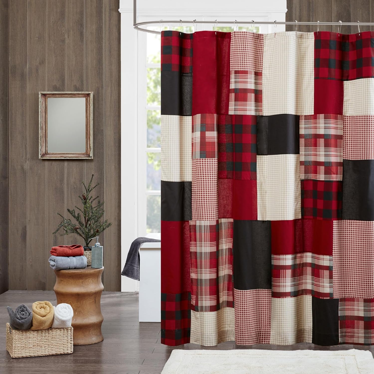 Sunset Cotton Shower Curtain, Plaid Lodge/Cabin Shower Curtains for Bathroom, 72 X 72, Red