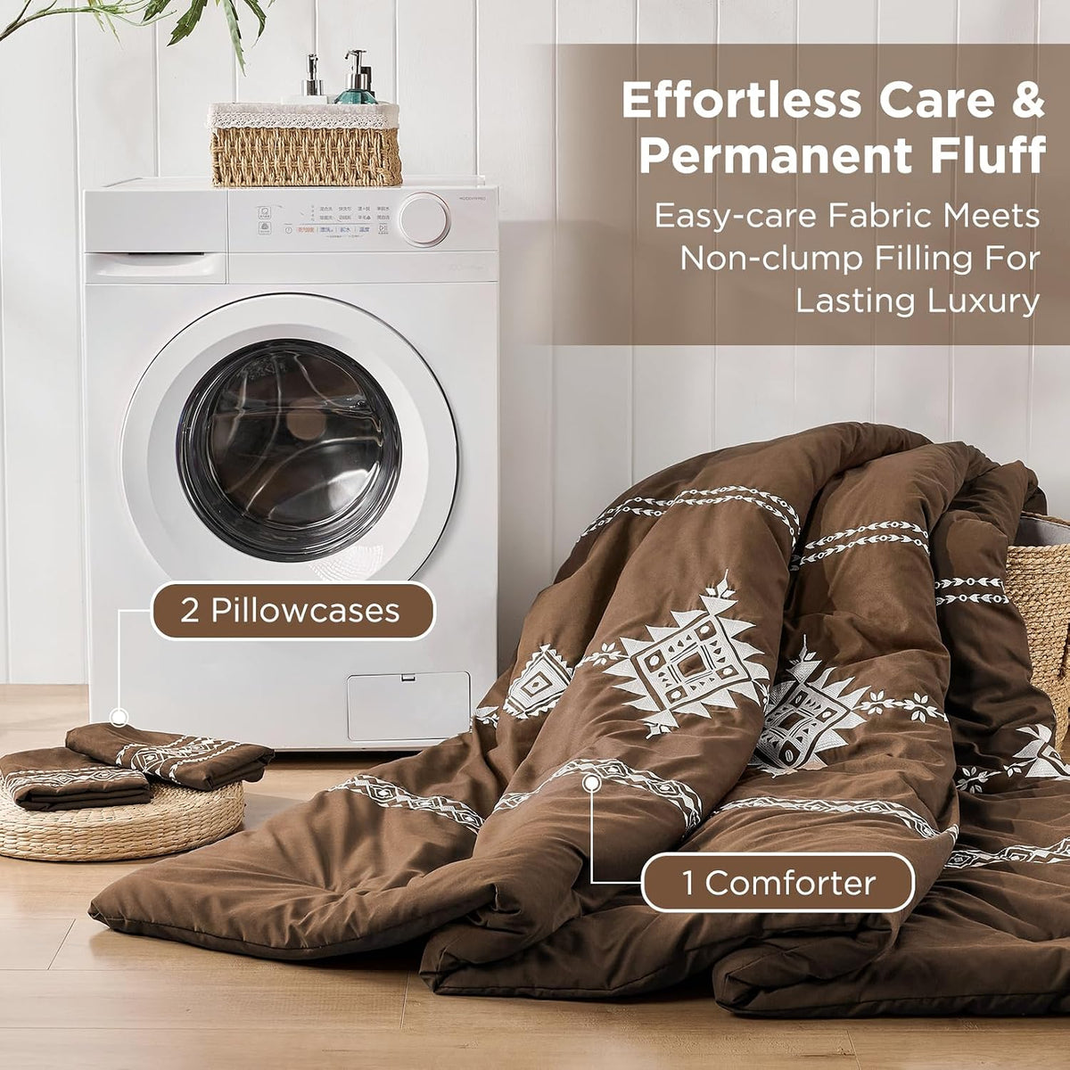 Embroidered Comforter Set Queen, 3-Piece Boho Bedding, Brown