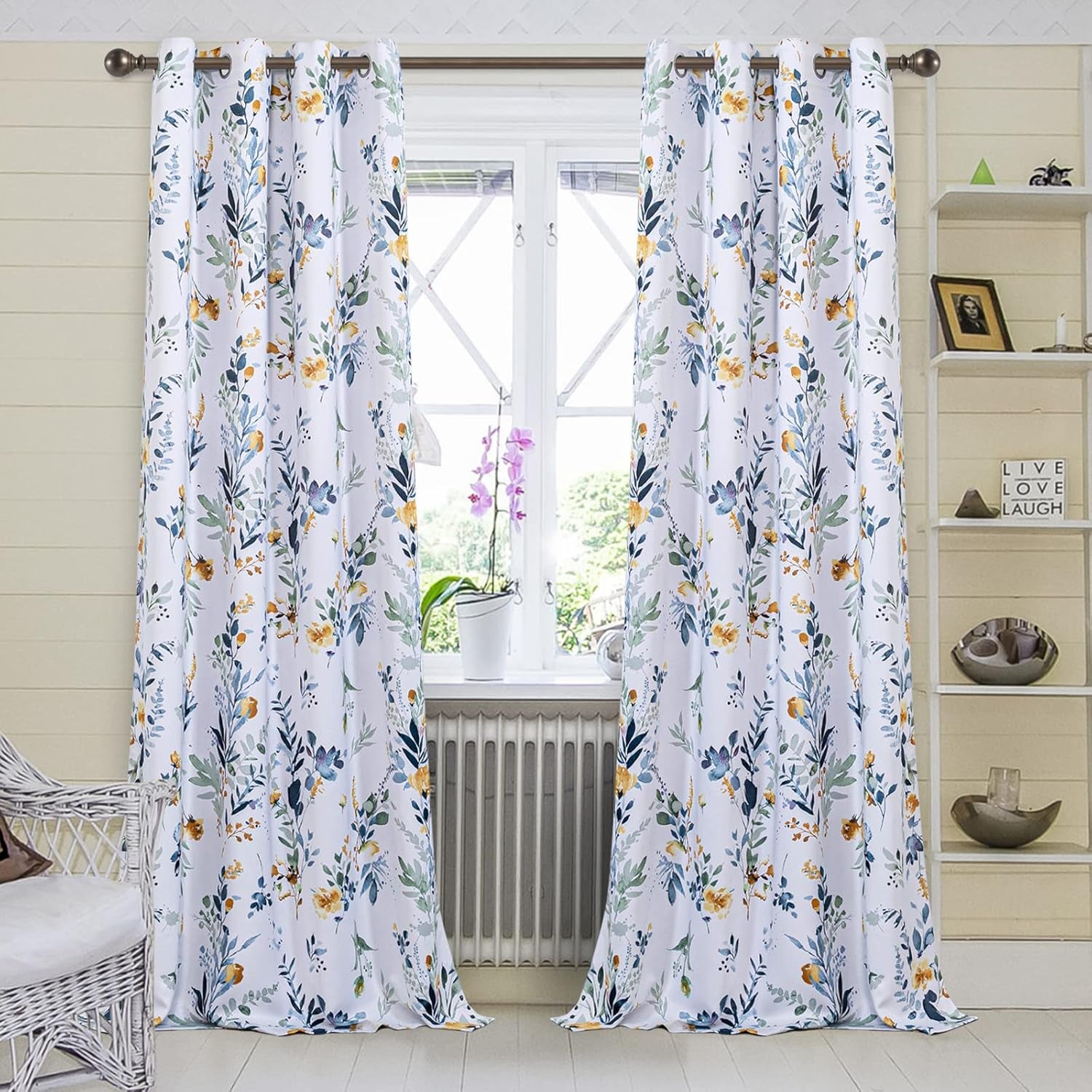 Floral Curtains 84 Inches Long Living Room Curtains Room Darkening Curtains Thermal Insulated, 2 Panels, Yellow and Blue