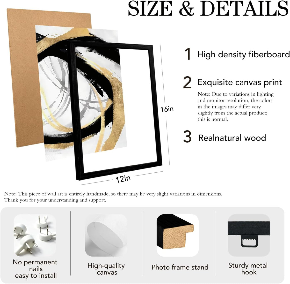 3Pcs Black Framed Black Gold and White Canvas Wall Art 12X16 Inches