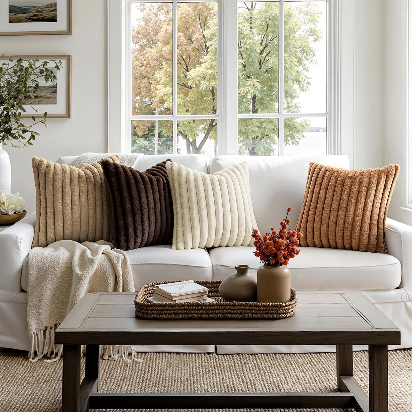 Faux Fur Plush Decorative Throw Pillow Covers 18X18 Set of 4,Brown