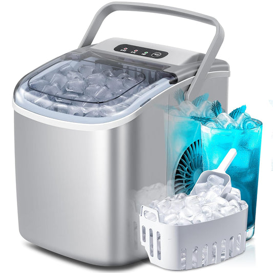 Portable Countertop Ice Maker Machine with Handle, 26Lbs/24H, Self-Cleaning Function with Ice Scoop (Grey)