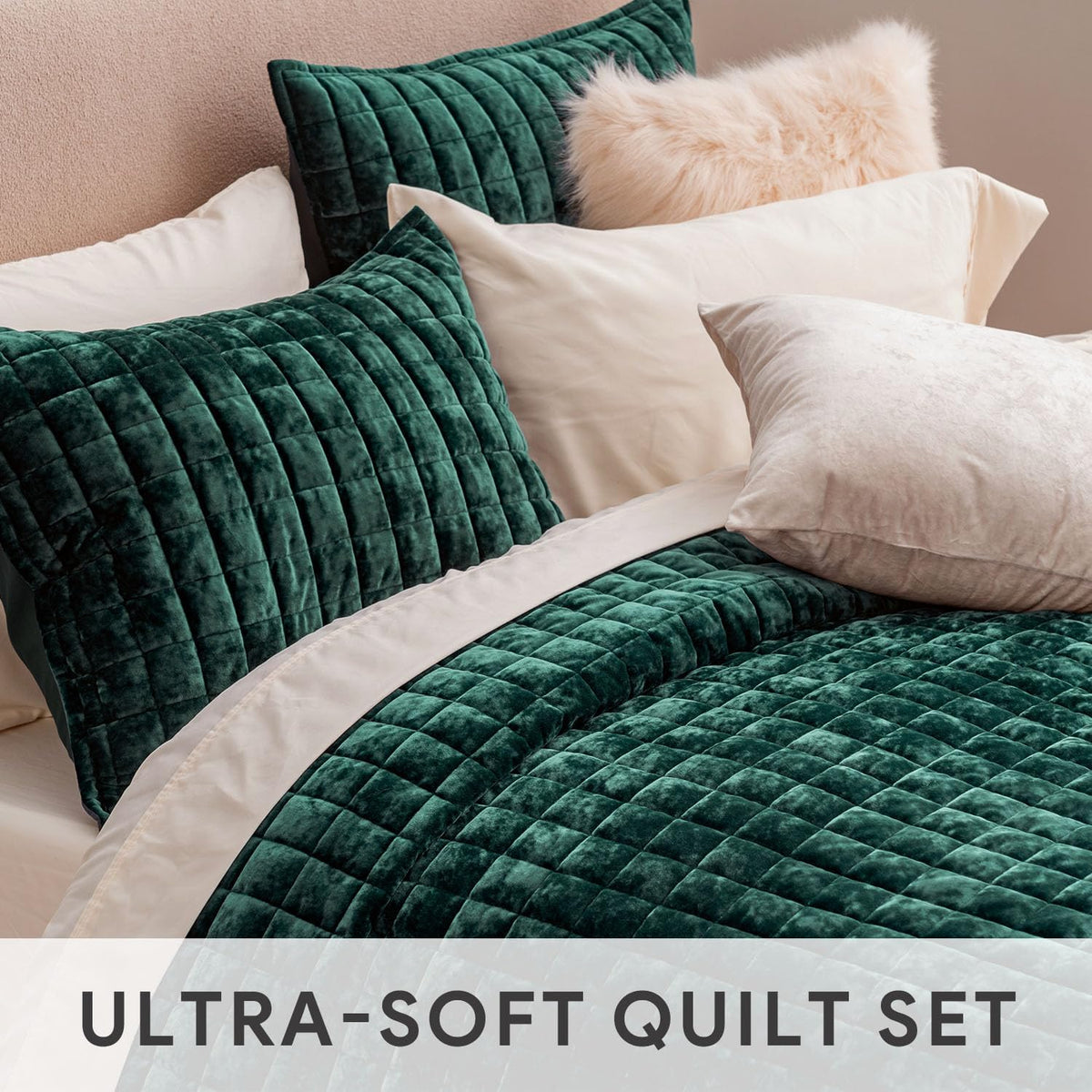 Channel Box Stitch Velvet Quilt Set, Full Queen Size, Emerald Green