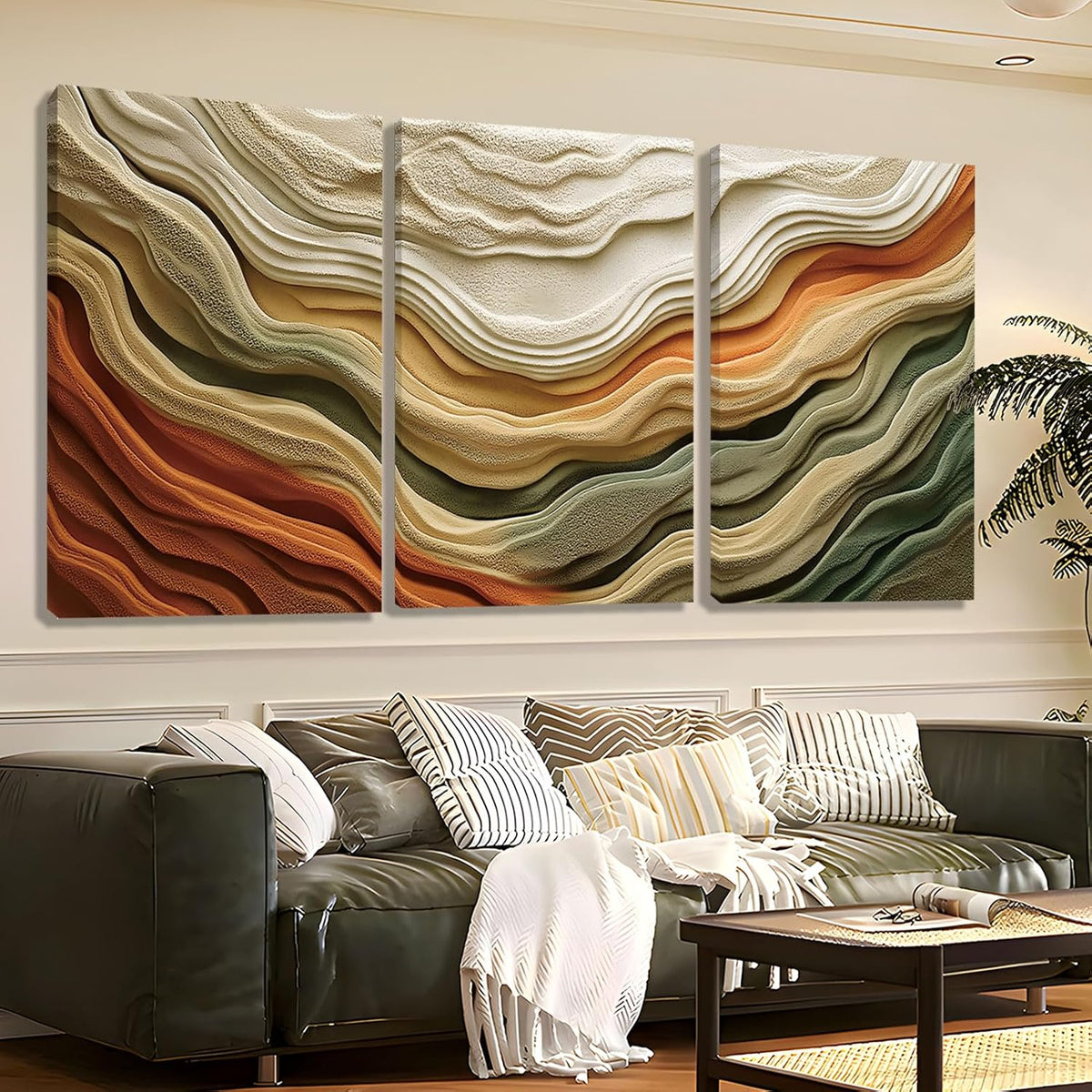 Abstract Neutral Earth-Tone Canvas Wall Art – 3 Panel Layered Landscape Print in Beige, Green & Terracotta – Modern Wall Decor for Living Room, Bedroom, or Office (12" X 18" X 3 Pcs)