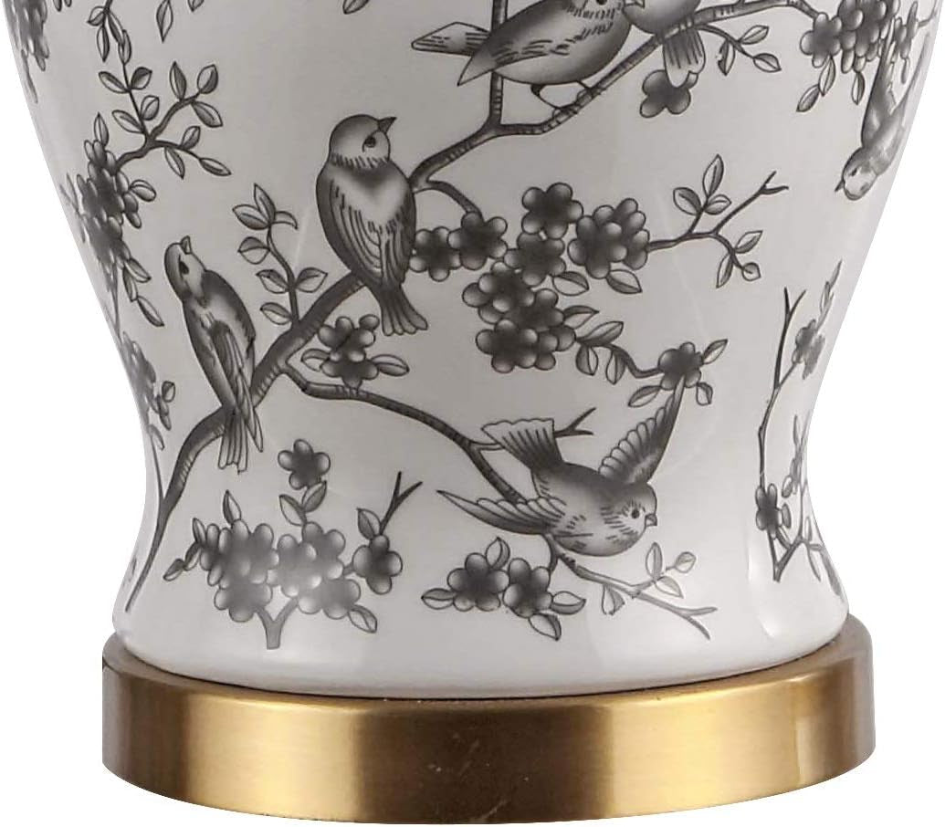 Penelope Ginger Jar 22" LED Table Lamp, Gray/White, Ceramic Metal Construction, Linen Empire Shade, Brass Gold, LED Bulb Included