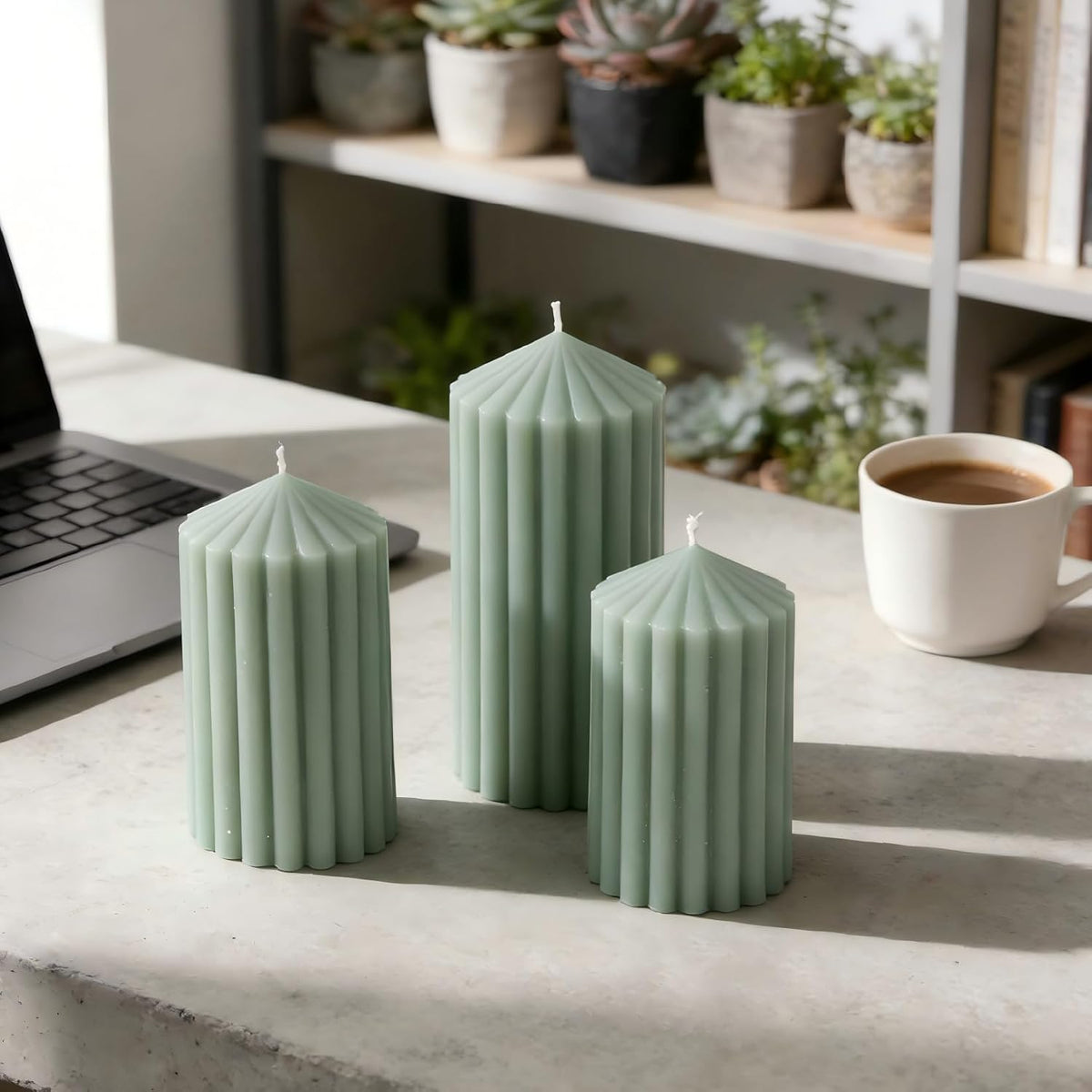 Sage Green Ribbed Pillar Candles 3 Pack, Soy Wax Unscented