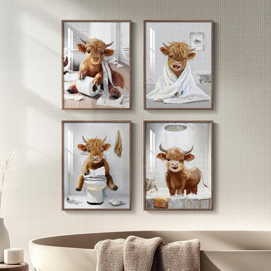 Framed Funny Highland Cow Wall Art for Bathroom Wall Decor, Set of 4 Piece 