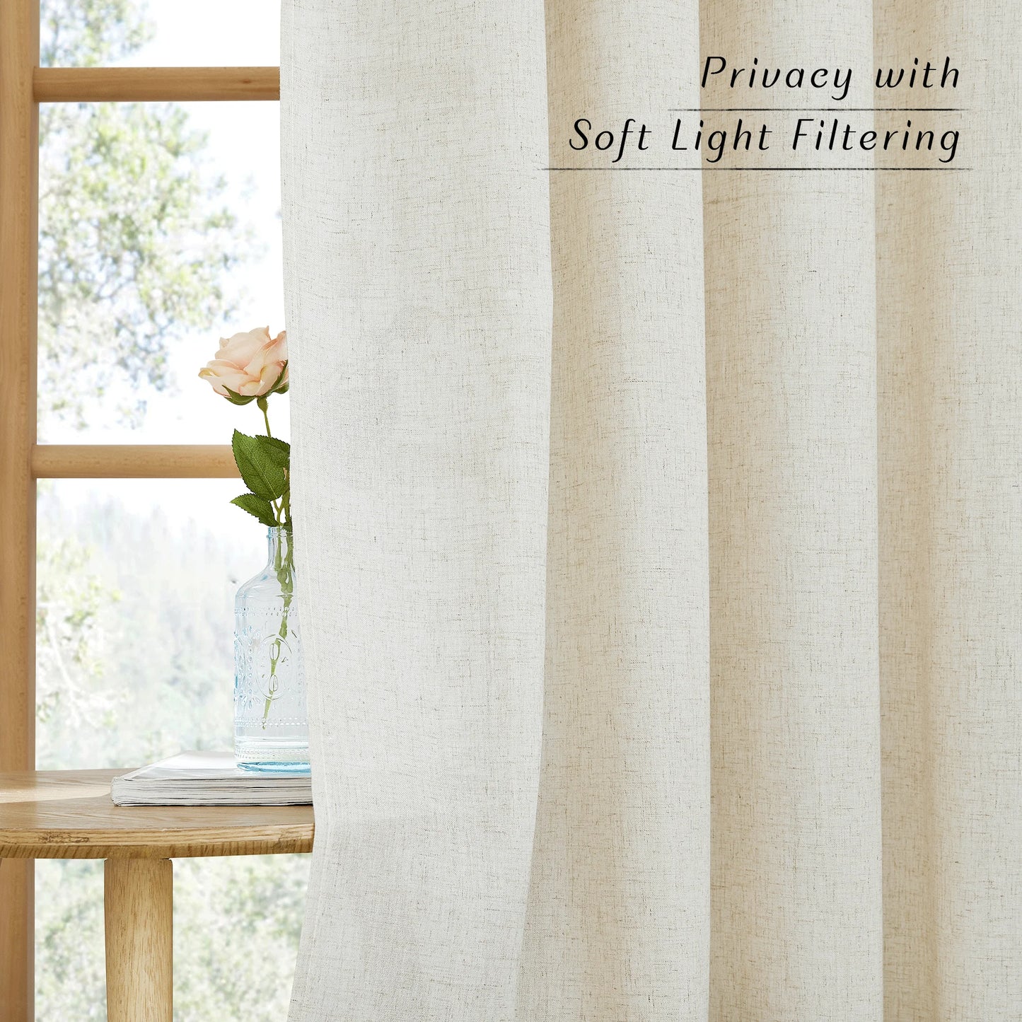 Linen Curtains, Natural Semi Sheer Thick Linen Drapes Light Filtering Elegant Neutral Bohemian Grommet Bedroom Curtain Panels, 55"X84", 2 Panels