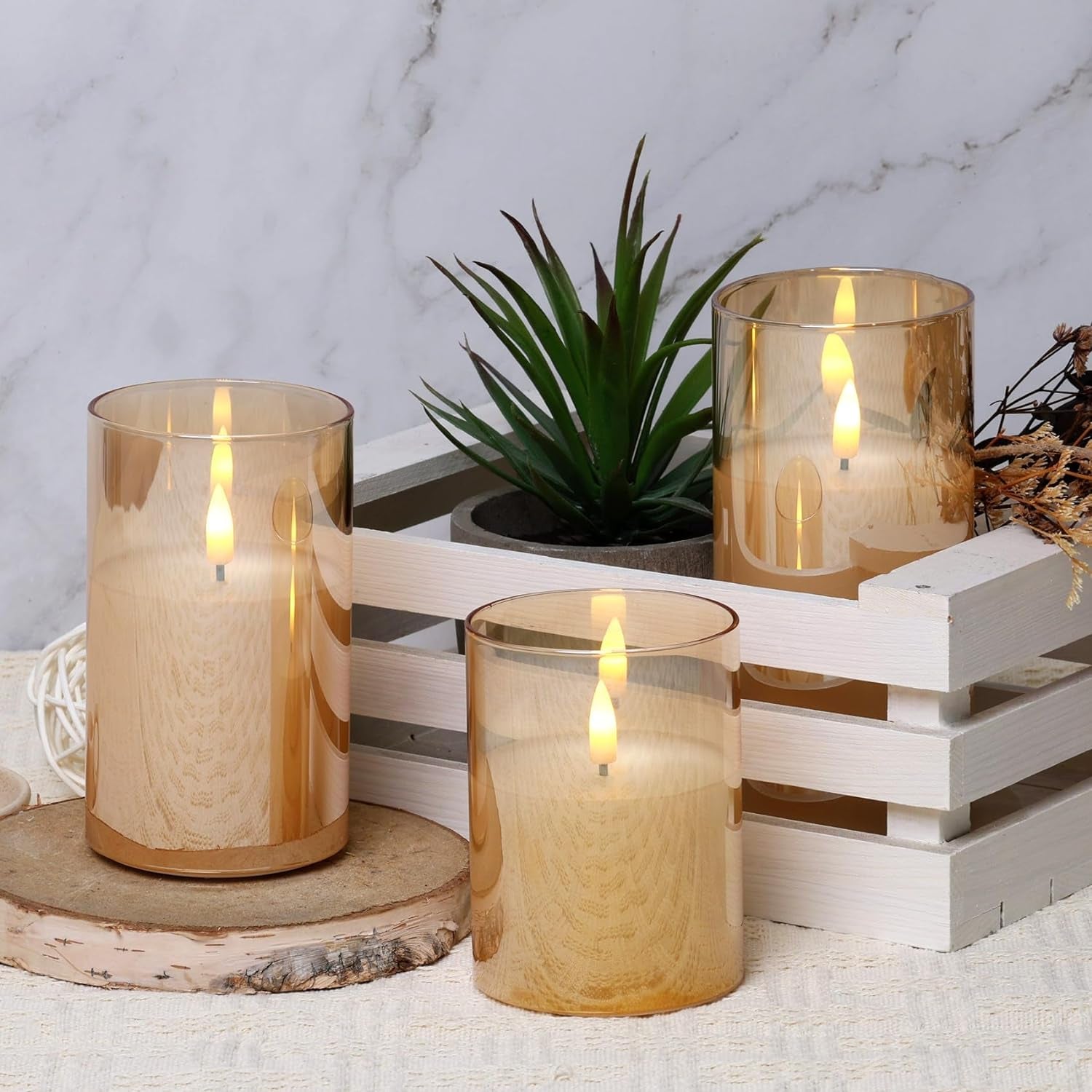 Gold Glass Flameless Pillar Candles with Remote, Flickering Battery LED Wax Candles Set of 3