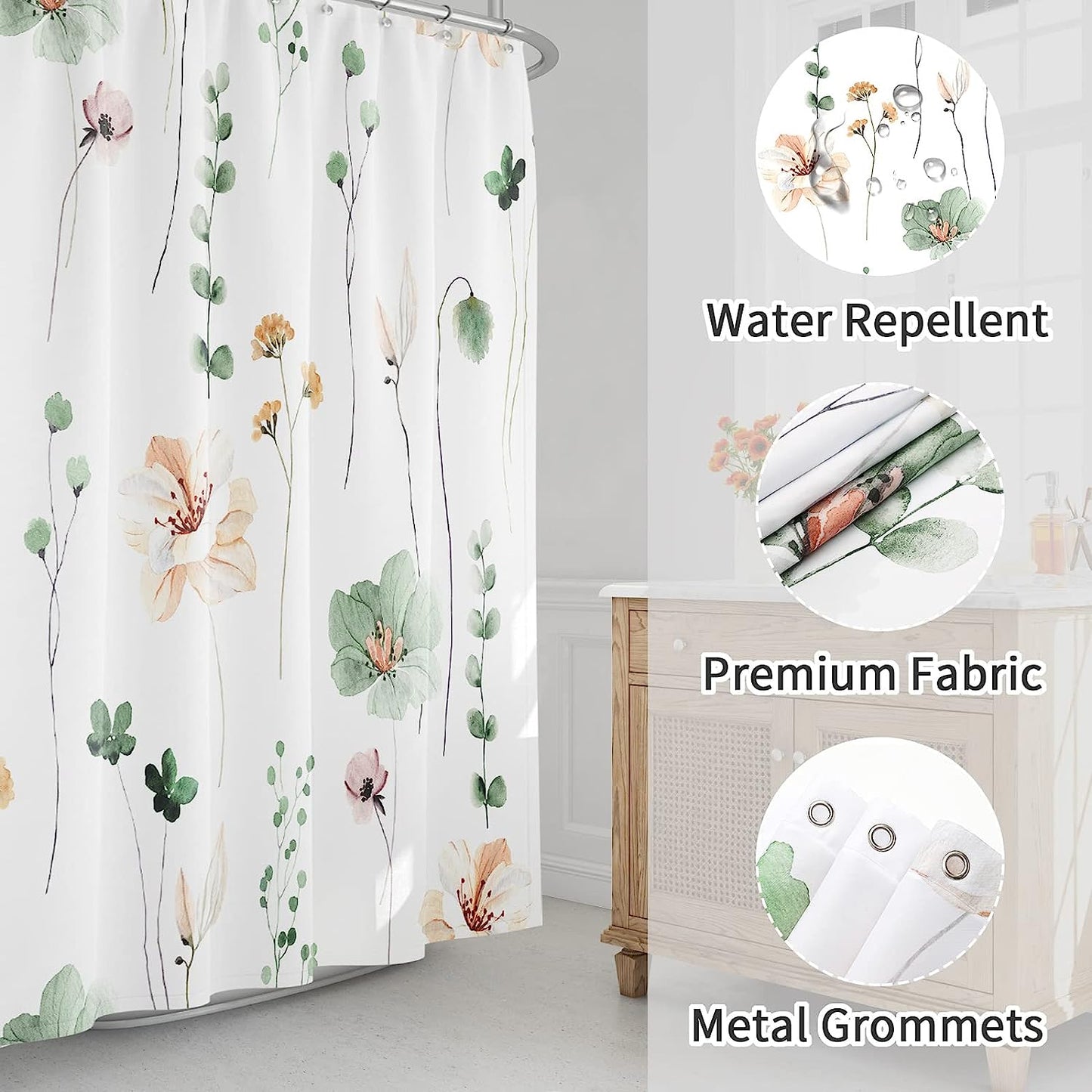 Shower Curtain, Sage, Green, & Beige Flowers, Modern Minimalist White with Hooks 72X72 Inch