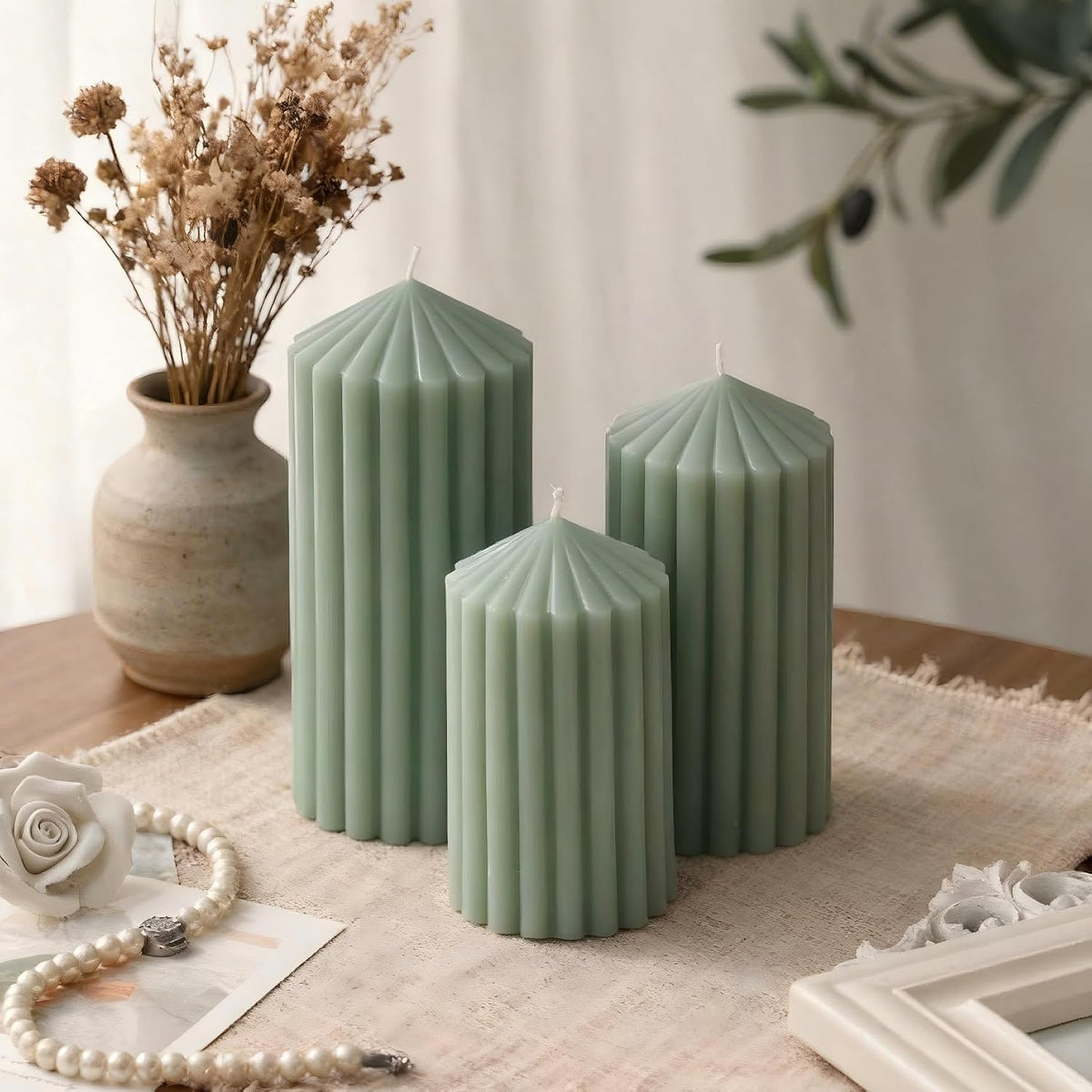 Sage Green Ribbed Pillar Candles 3 Pack, Soy Wax Unscented