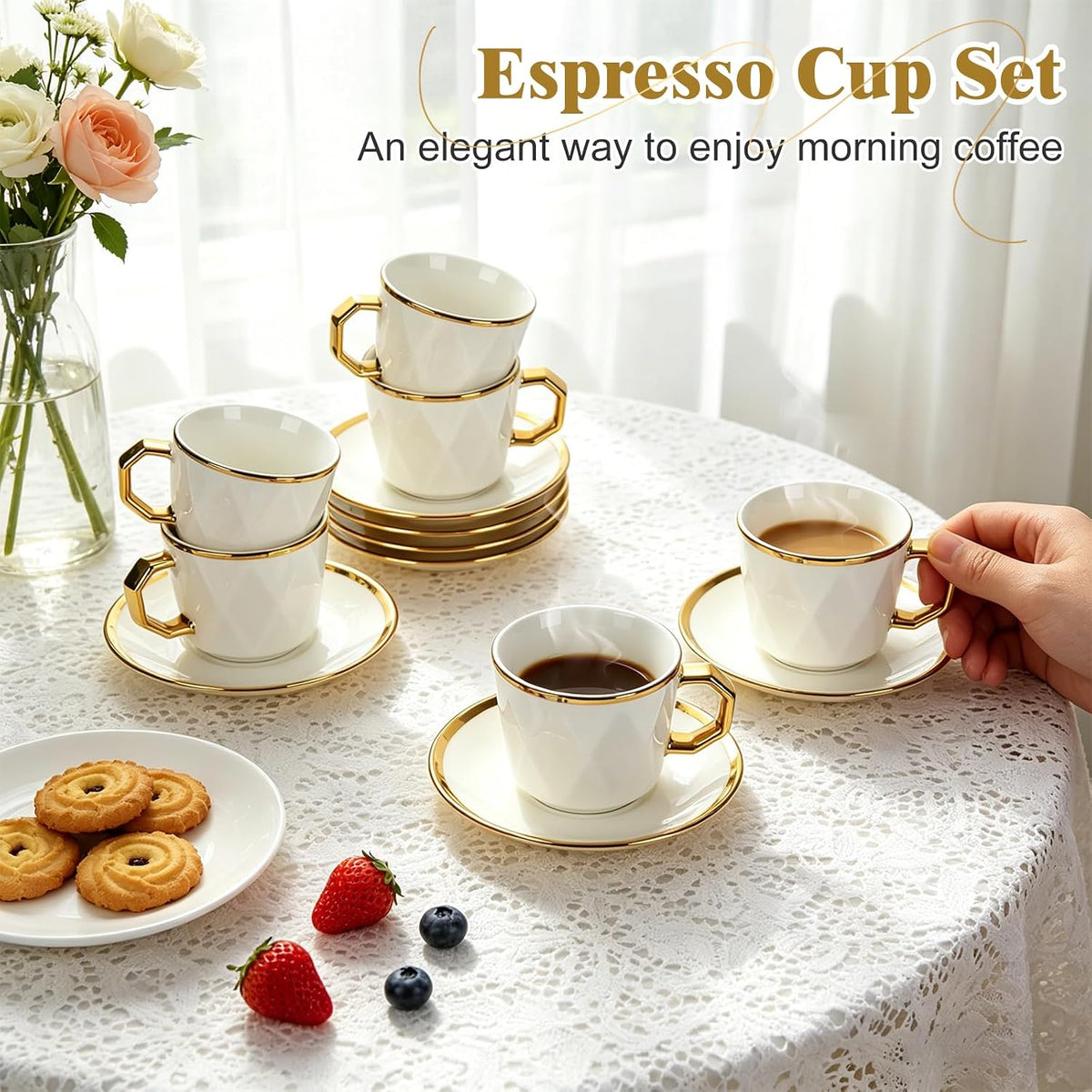 Coffee Cup Set of 6 with Saucers, 3.5 OZ Ceramic Demitasse Espresso Cups